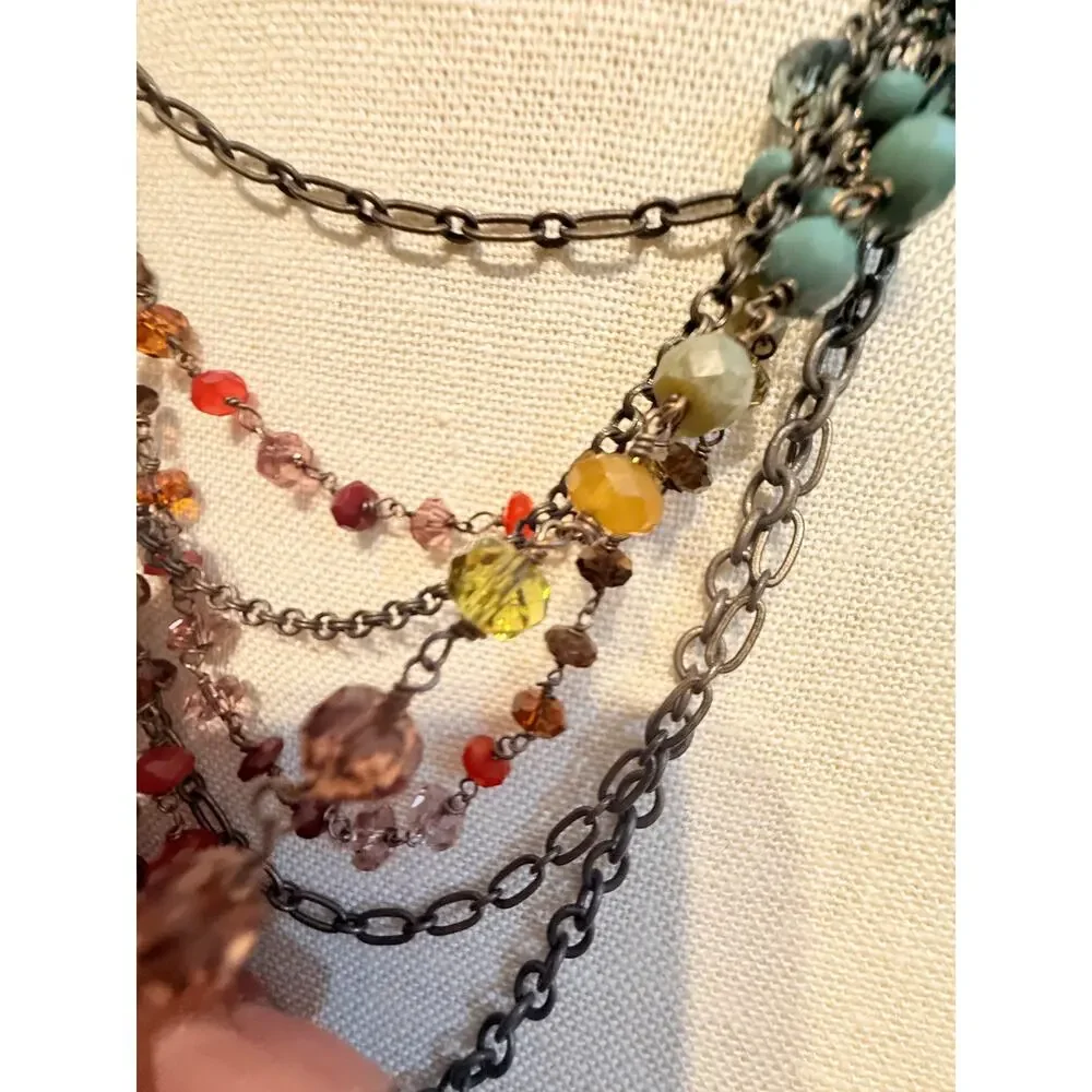 Vintage Fossil Multi Strand Crystal Chain Necklace 15-20”